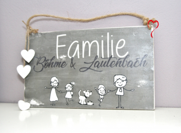 Holzschild Familie mit Hund grau