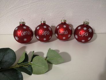 4er SET Weihnachtskugeln Mama, Papa, Oma und Opa rot matt