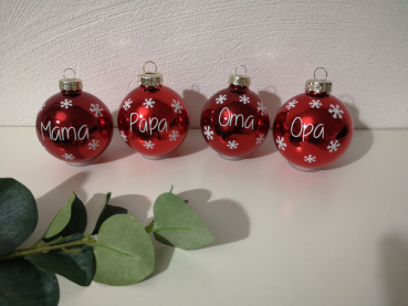 4er SET Weihnachtskugeln Mama, Papa, Oma und Opa rot glänzend