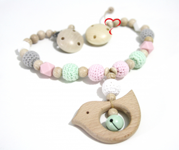Kinderwagenkette Naturholz Vogel rosa/mint