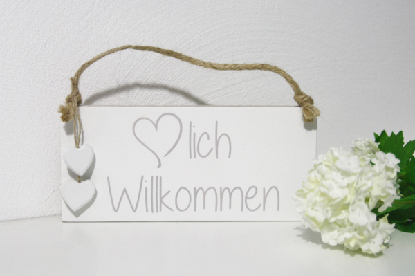 Holzschild  ♡lich Willkommen grau weiß