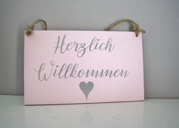 Holzschild Herzlich Willkommen rosa